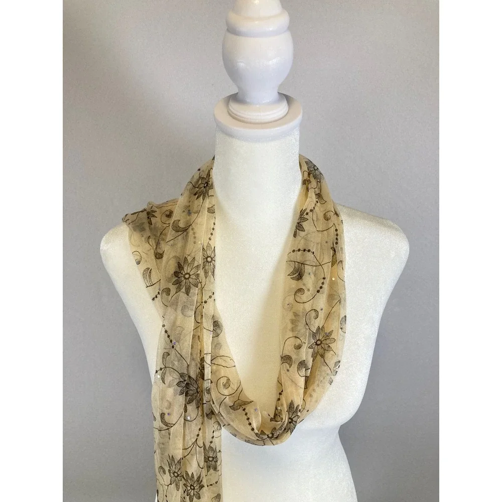 Boho‎ Romantic Unbranded Womens OS Cream Black Floral Sheer Fringed Sequin Scarf